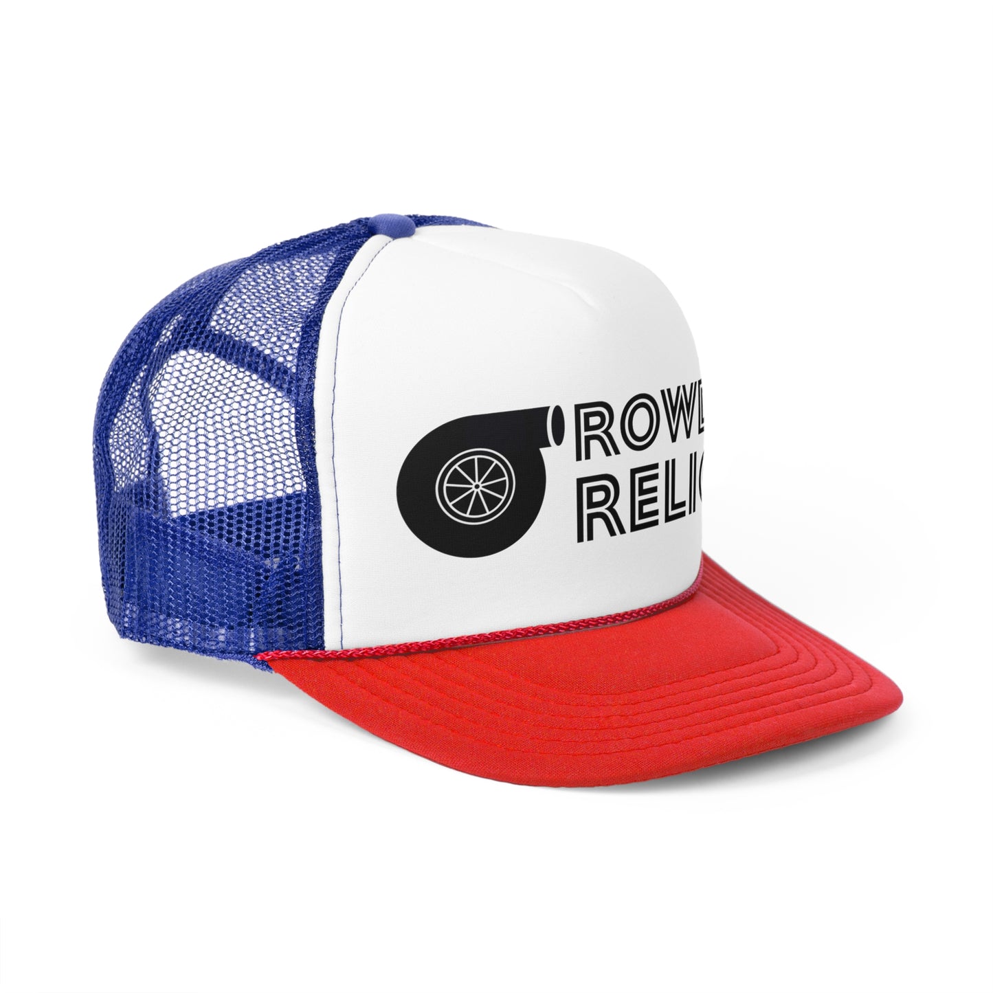 BLACK FONT ROWDY RELICS TRUCKER HAT