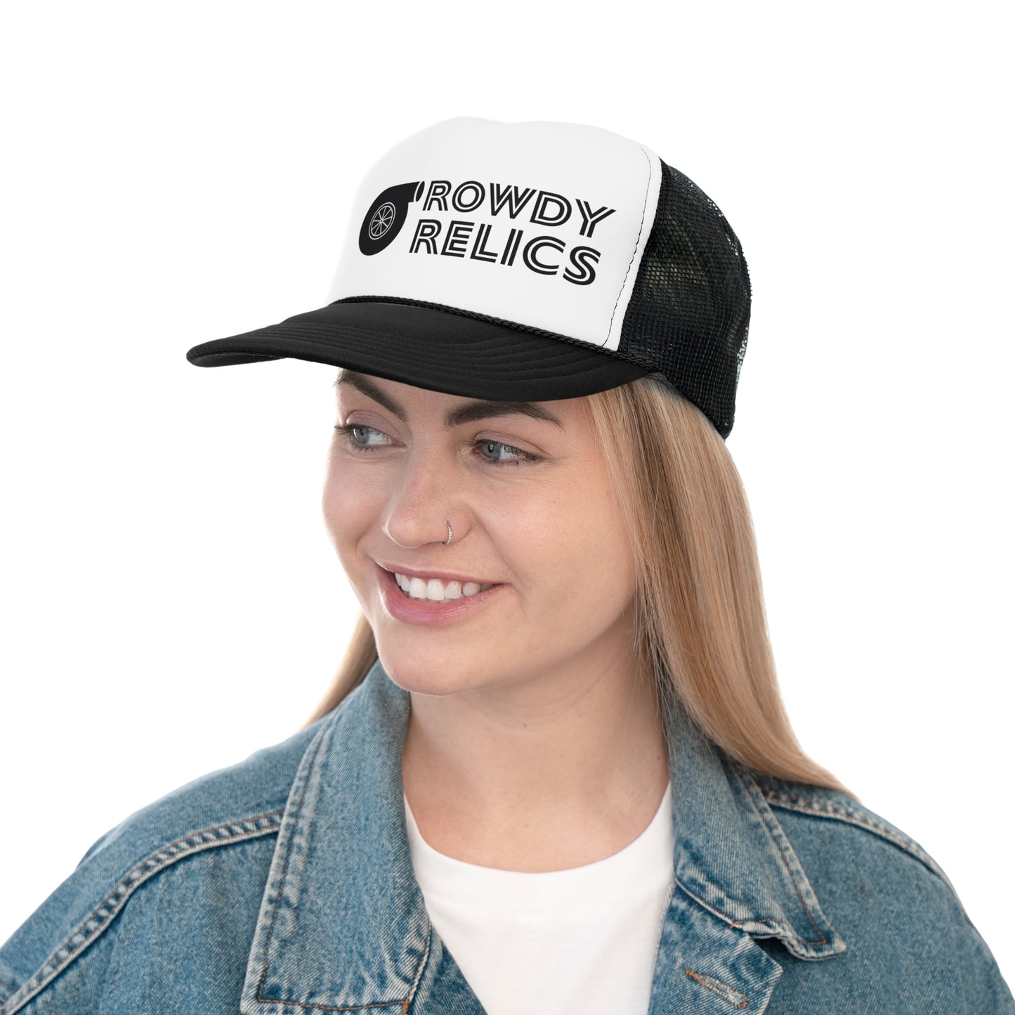 BLACK FONT ROWDY RELICS TRUCKER HAT