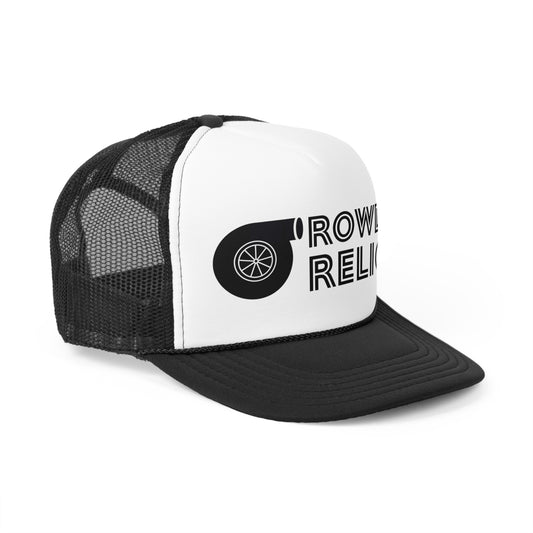 BLACK FONT ROWDY RELICS TRUCKER HAT